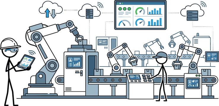 Smart automated factory assembly line with robotic arms workers and cloud data monitoring system vector