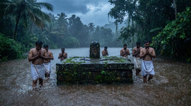 Devotees Performing Circumambulation Around Swayambhu Shiva Linga at Manithara Shrine During Heavy Monsoon Rain at Kottiyoor Festival Kerala