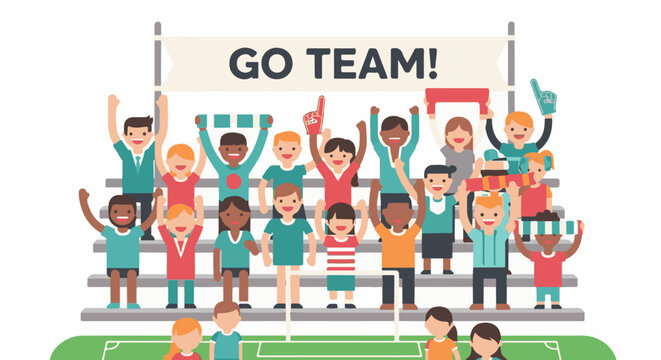 Cheering crowd with "GO TEAM!" banner watches a sports event from bleachers