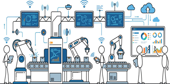 Smart manufacturing factory automation with robotic arms cloud data monitoring dashboard and stickman workers vector