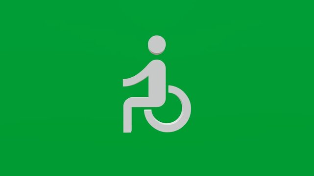 3D render of disabled person in wheelchair icon on chroma key green screen background
