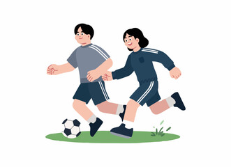 Fototapeta premium Happy young man and woman playing football together on green grass outdoors