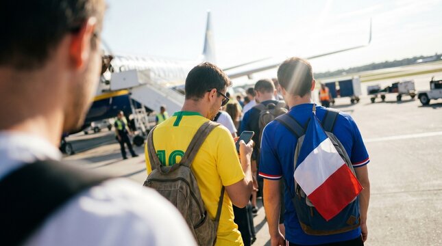 Fans in sports jerseys boarding a plane with flags on their backpacks