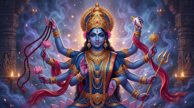 Kali Maa goddess Artistic Depiction with Ethereal Smoke and Light