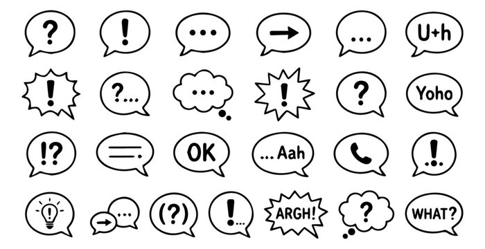 Speech bubbles and comic book expression vector elements. Large collection of outline dialogue clouds with punctuation marks and text isolated on white.