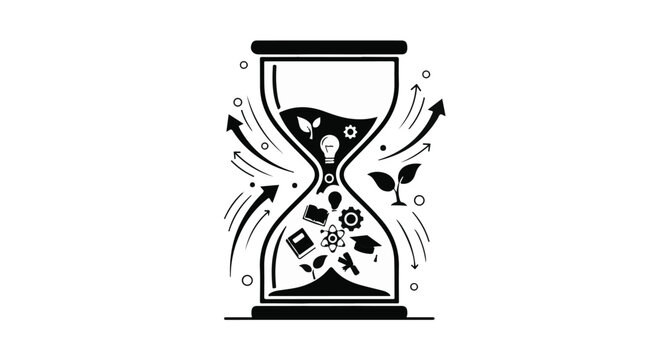 Time management concept with hourglass and flying objects