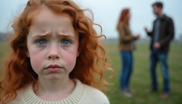 Sad redhead girl with blue eyes looks at camera. Parents argue in background. Family conflict causes child distress and loneliness. Emotional scene of domestic tension.