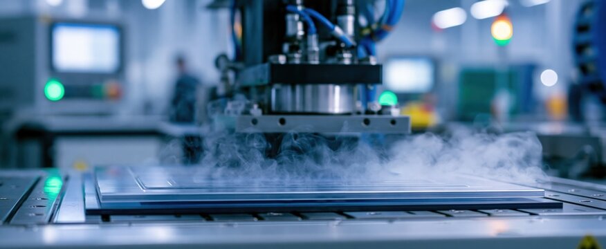 Industrial thermoforming machine shaping heated plastic sheet in a clean, modern factory setting.
