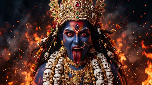 Kali Maa goddess Dynamic Close-Up with Glowing Red Eyes and Fiery Aura