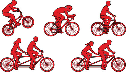 Fototapeta premium Red Bicycle Rider Vector Set Featuring Tandem Bikes Extreme BMX Stunts and Professional Road Cyclists for Sports Lifestyle and Outdoor Activity DesignsRed Bicycle Rider Vector Set Featuring Tandem Bik