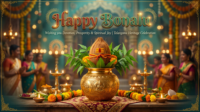 Happy Bonalu festival greeting banner with sacred kalash pot and brass diya lamps on table
