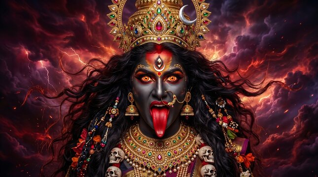 Kali Maa goddess Powerful Portrait with Stormy Background and Intense Gaze