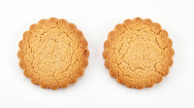 Two delicious round shortbread biscuits captured in a sharp studio photograph isolated on white background