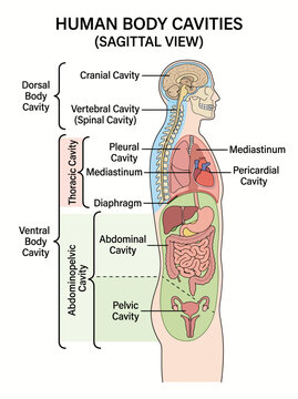 Human body cavities diagram showing sagittal view of internal organs and anatomical structures for medical education