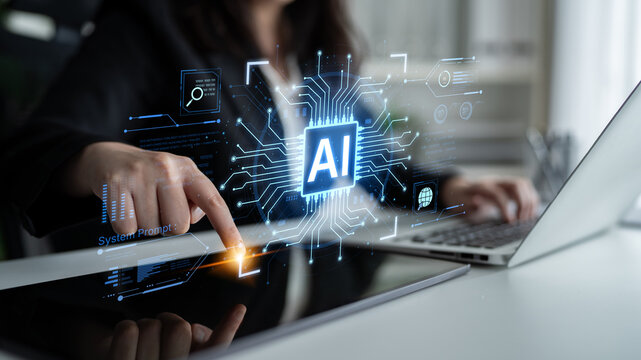 A futuristic AI core processor and system analytics dashboard. This concept highlights the raw processing power of AI for deep data analysis, system diagnostics, and global network monitoring. Fermion