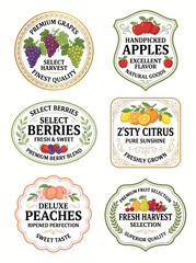 Obraz premium Fruit labels collection featuring various fresh harvest produce designs for organic food branding and marketing projects