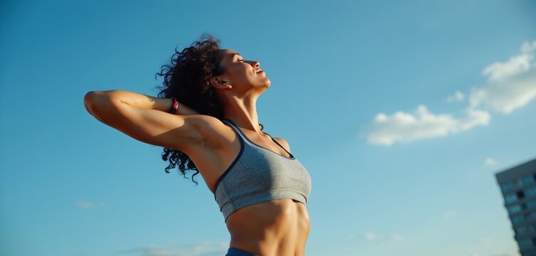 Woman with curly hair stretches neck and arms against blue sky, city building in distance. Athletic female enjoys outdoor activity, warm up for workout. Healthy lifestyle and fitness.
