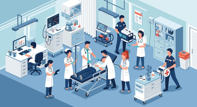 Busy Hospital Emergency Room Scene with Medical Staff