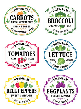Vegetable labels collection featuring various fresh organic farm produce with elegant decorative frames and typography