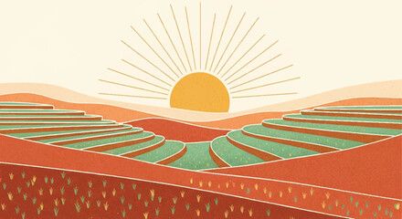 Abstract illustration of sun rising over terraced farmland © Khol