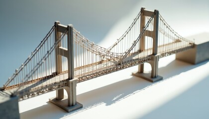 Fototapeta premium Small model bridge on white surface. Miniature suspension structure displays engineering concepts. Building, design, and construction ideas for education and architecture.
