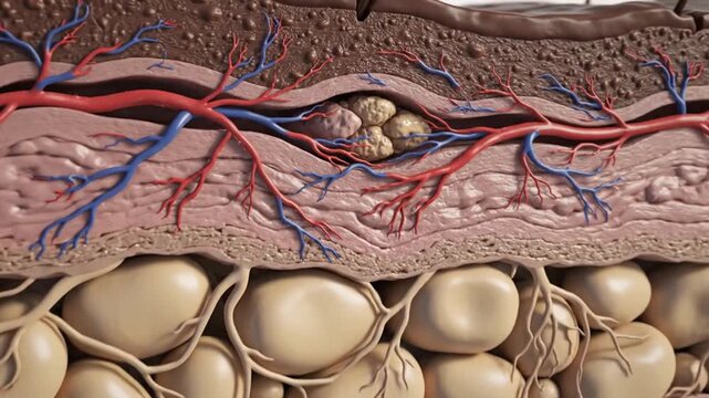 Anatomical Cross Sectioning of Skin and Fat Tissue Revealing Blood Vessels and Nerves in Detailed Illustration
