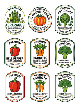 Vegetable labels set featuring fresh organic produce icons for natural food branding and grocery store design