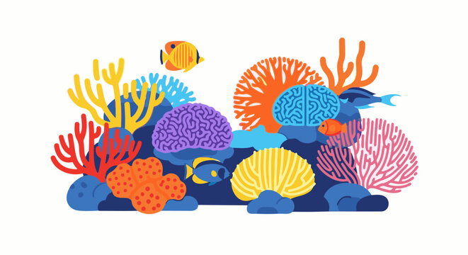 Colorful coral reef with brain-shaped formations and fish swimming