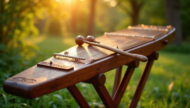 Wooden hammered dulcimer instrument with mallets rests outdoors. Soft sunlight shines on the stringed musical device. Peaceful nature background highlights folk heritage.