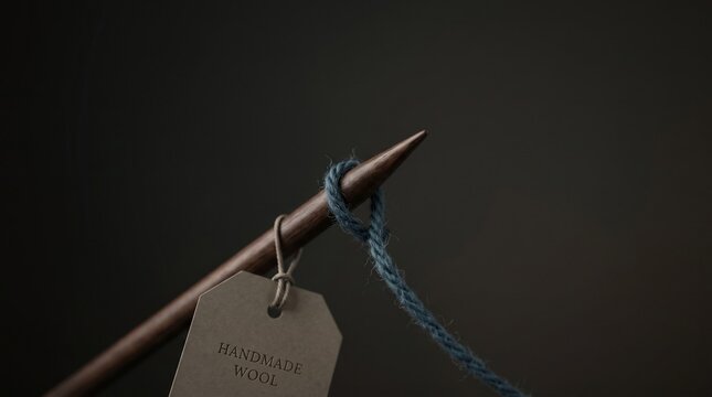 Handmade wool yarn on wooden knitting needle with tag