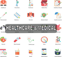 Fototapeta premium A collection of flat style icons representing healthcare and medical themes, such as doctors, hospitals, and medications.