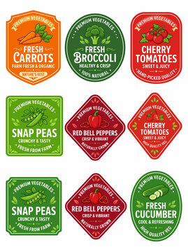 Collection of premium vegetable labels featuring fresh organic produce for healthy food and grocery branding