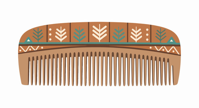 Decorative wooden comb with geometric and tree-like patterns