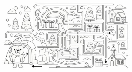 Obraz premium Cute cartoon bear in a Santa hat standing outside an igloo, festive maze