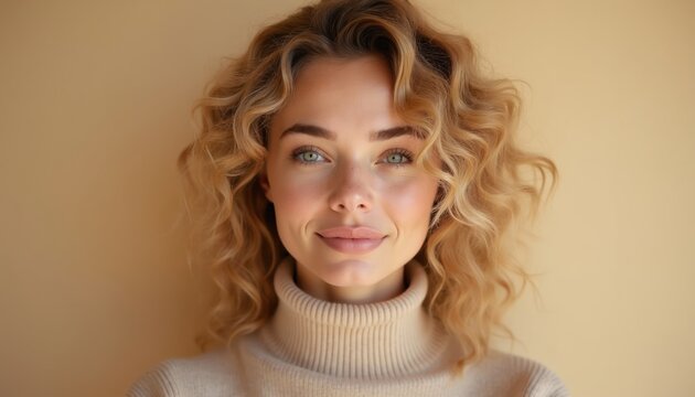 Woman with voluminous golden blonde tight curls, glowing skin, natural makeup, soft beige background. She wears a cozy beige turtleneck sweater. Modern hairstyle concept.