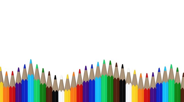 Creative background with colorful pencils arranged in a wave pattern, isolated on a white background with copy space