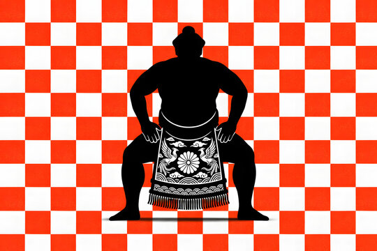 Silhouette of a sumo wrestler with ichimatu(checkered) background pattern.
