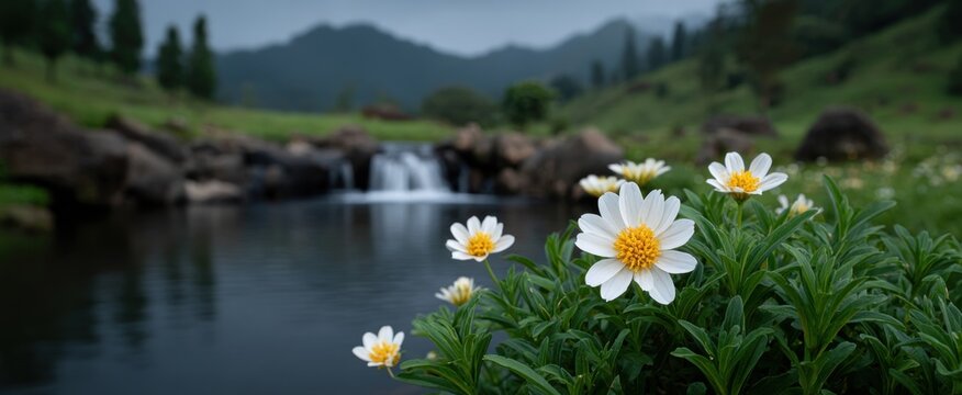 Air terjun menawan bagaikan pelangi di danau tenang berbunga teratai putih.