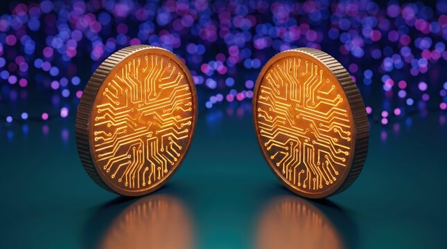 Cryptocurrency digital coins 3D render with glowing circuit pattern for fintech and blockchain themes