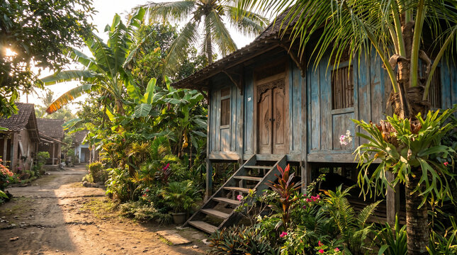 Authentic traditional wooden house surrounded by lush tropical plants in a peaceful Indonesian village during golden hour sunlight
