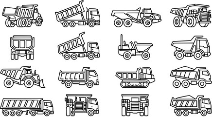 Industrial Construction Dump Trucks and Heavy Haulage Machinery Black  White Line Art Vector Icon Set. Outline Glyph Collection for Building and Mining Projects. © syakira