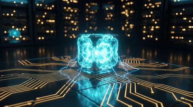 Quantum computing core 3D render with glowing energy cube on circuit board in server room