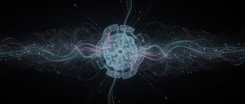 A futuristic concept of a central processing unit, with glowing circuits and flowing waves of data particles on a dark background.