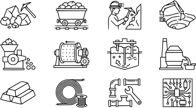 Mining and Metallurgy Line Art Icons Set. Industrial Mineral Processing, Raw Materials, Gold, Excavation, Crushing, Smelting, and Related Equipment Outline Vector Collection.