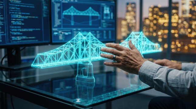 Bridge engineering digital twin hologram for infrastructure design showing 3D wireframe model and hands