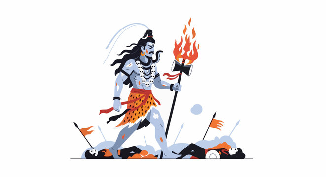 Deity with flaming trident walks over fallen foes, victorious