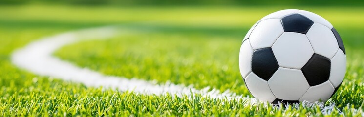 Fototapeta premium Close-Up of Classic Soccer Ball on Lush Green Grass with Relaxing Blur Background and Defined White Line in Outdoor Sports Field Environment