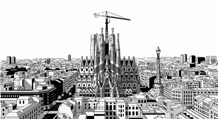 Fototapeta premium Detailed black and white illustration of a famous cathedral under construction amidst a bustling city