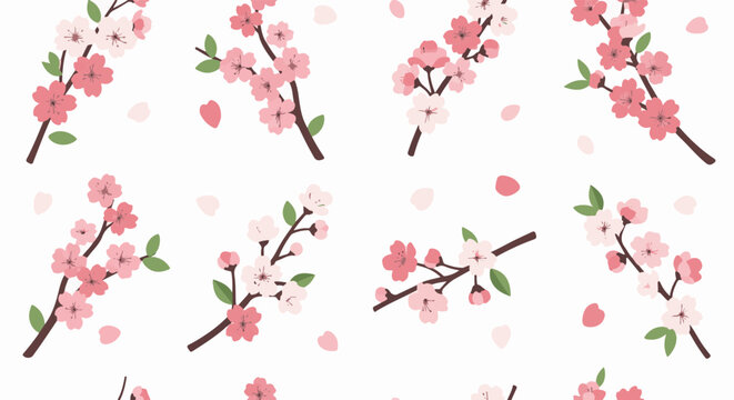 Delicate pink cherry blossoms bloom on brown branches, petals drift