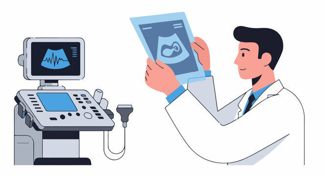 Doctor examines ultrasound image of a fetus